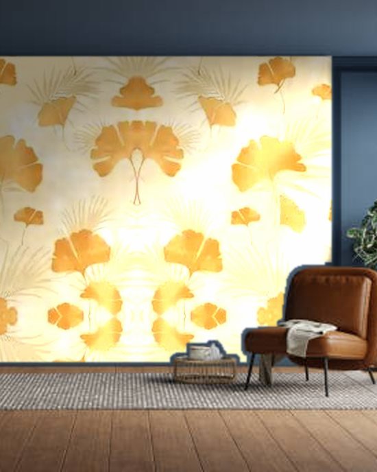 Cream Gold Ginkgo wallpaper on a room wall