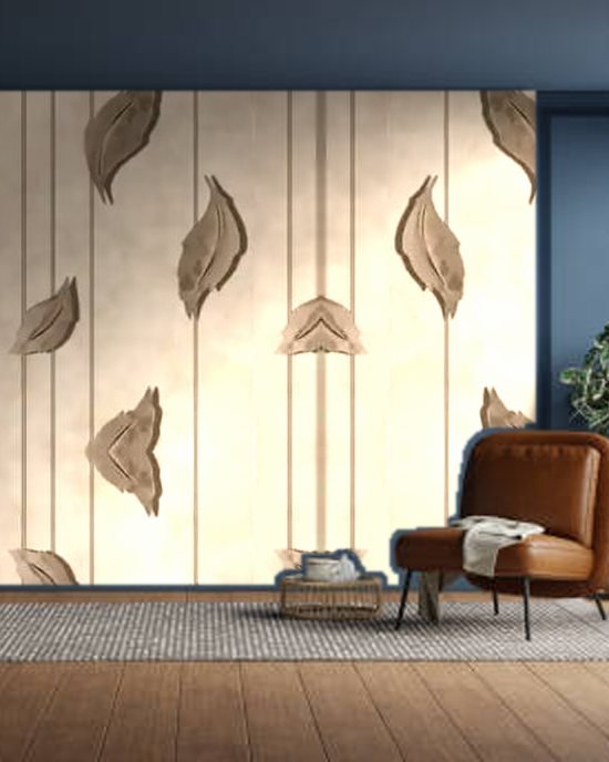 3D Falling Leaves wallpaper on a room wall