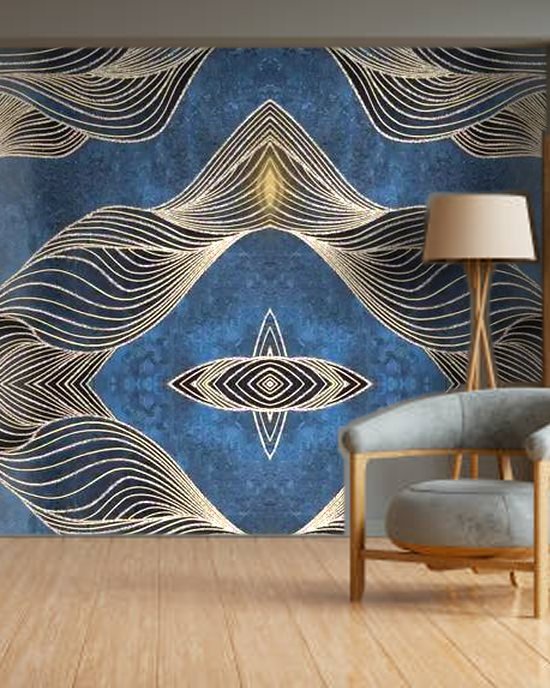 Navy Gold Flow wallpaper on a room wall