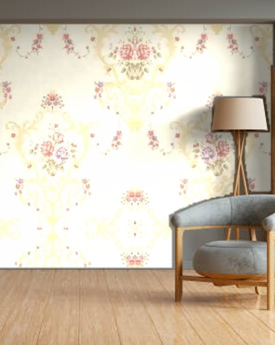Cream Floral Damask wallpaper on a room wall