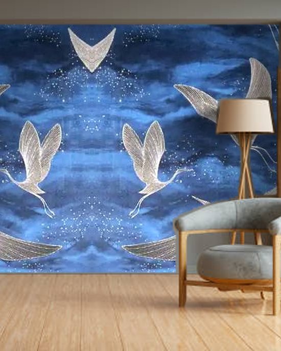 Silver Gold Flying Cranes wallpaper on a room wall