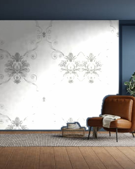 Silver Grey Damask wallpaper on a room wall