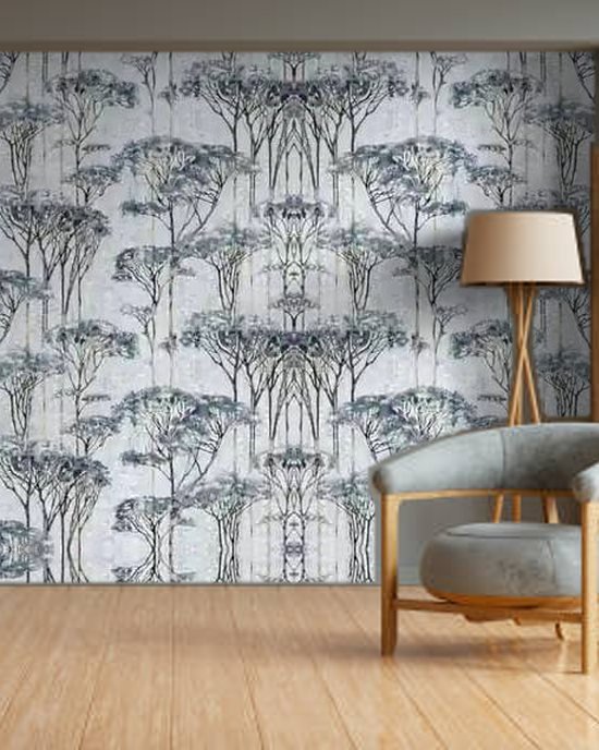 Misty Blue Forest wallpaper on a room wall