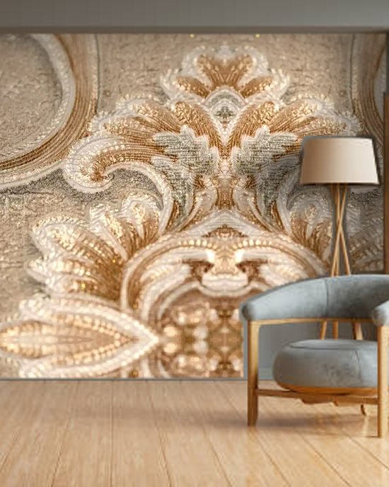 Beige Damask Elegance wallpaper on a room wall