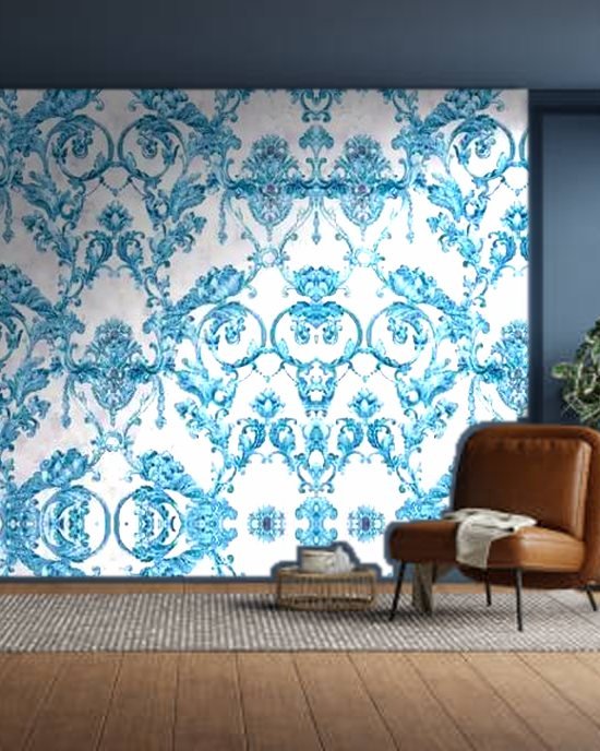 Teal Blue Baroque wallpaper on a room wall