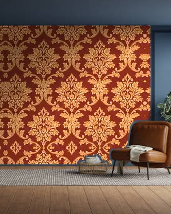 Maroon Gold Damask wallpaper on a room wall