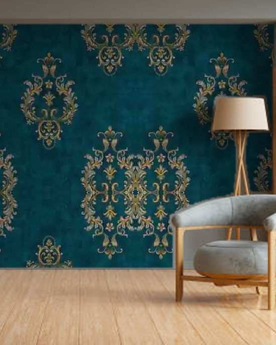Regal Damask Teal wallpaper on a room wall