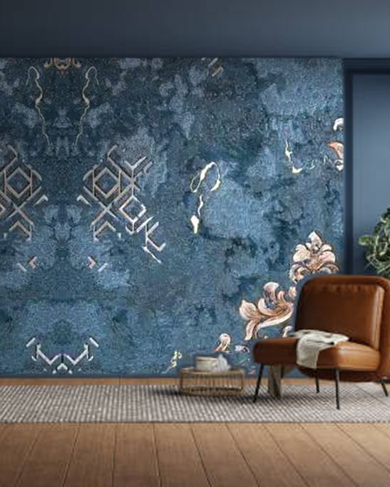 Teal Baroque Motif wallpaper on a room wall