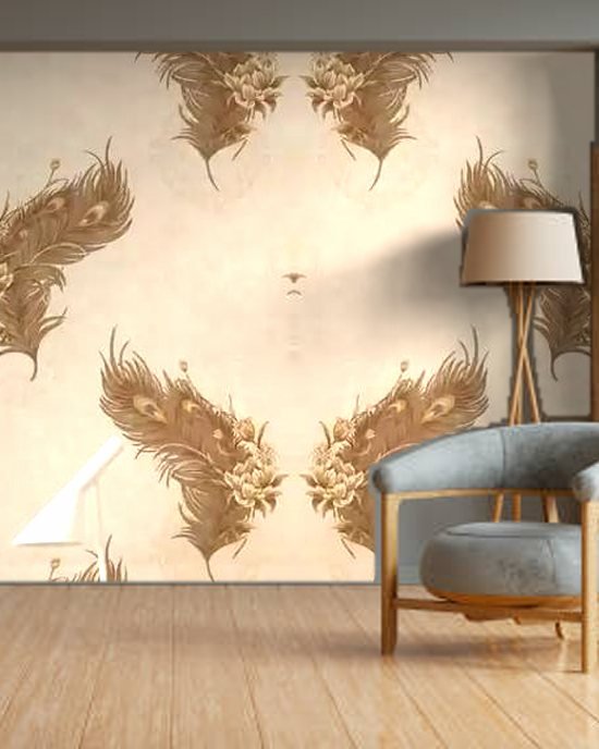 Peacock Feather Beige wallpaper on a room wall