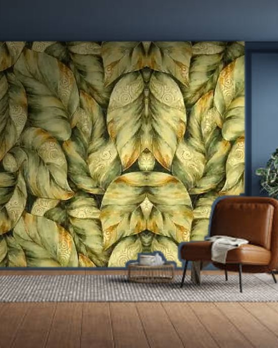 Green Gold Leaves wallpaper on a room wall