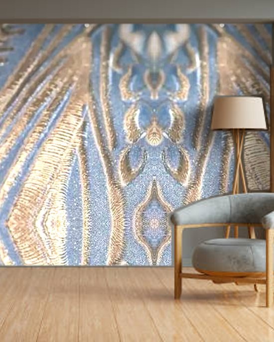 Blue Gold Brocade wallpaper on a room wall