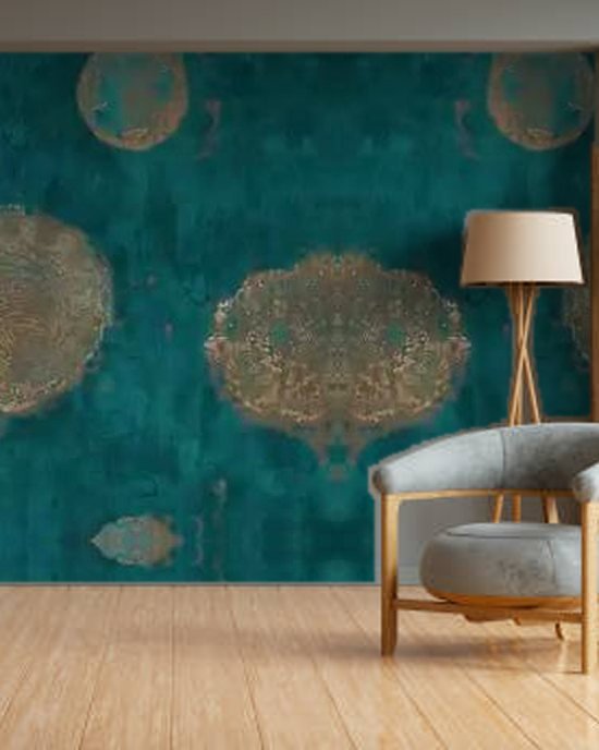 Teal Wood Rings wallpaper on a room wall