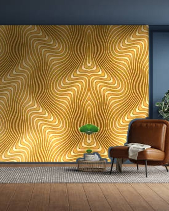 3D Golden Waves wallpaper on a room wall