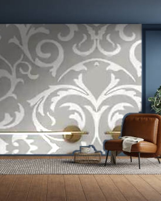 Silver Scroll Shimmer wallpaper on a room wall